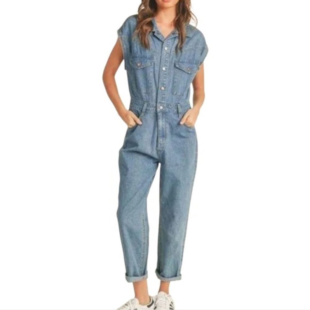 Blank NYC Denim Jumpsuit Short‎ Sleeve Belted Casual Romper Jean Overalls